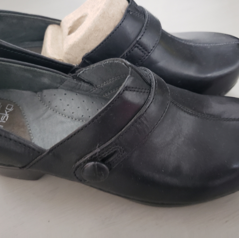 Dansko Black Leather Slip-On Comfort Loafers with Button Strap